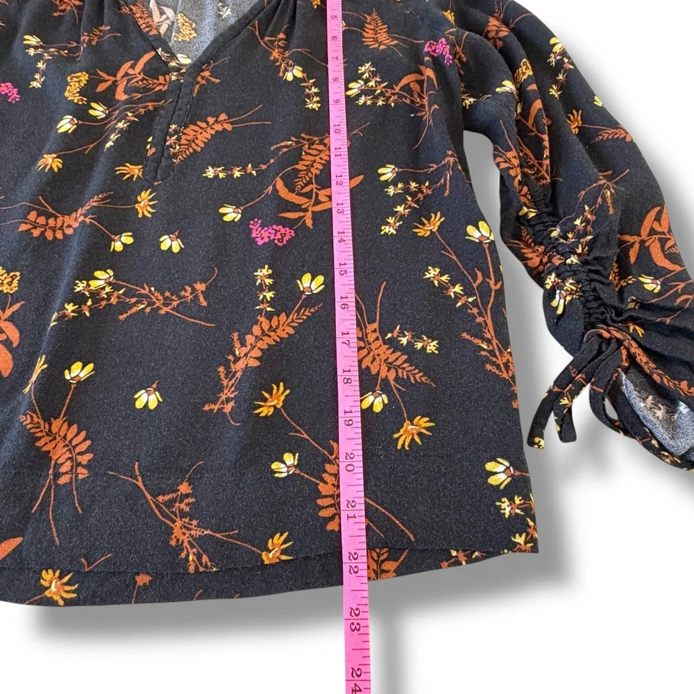 POINT SUR Black Floral Print‎ V Neck Long Sleeve Gathered Cuff Blouse Women's M